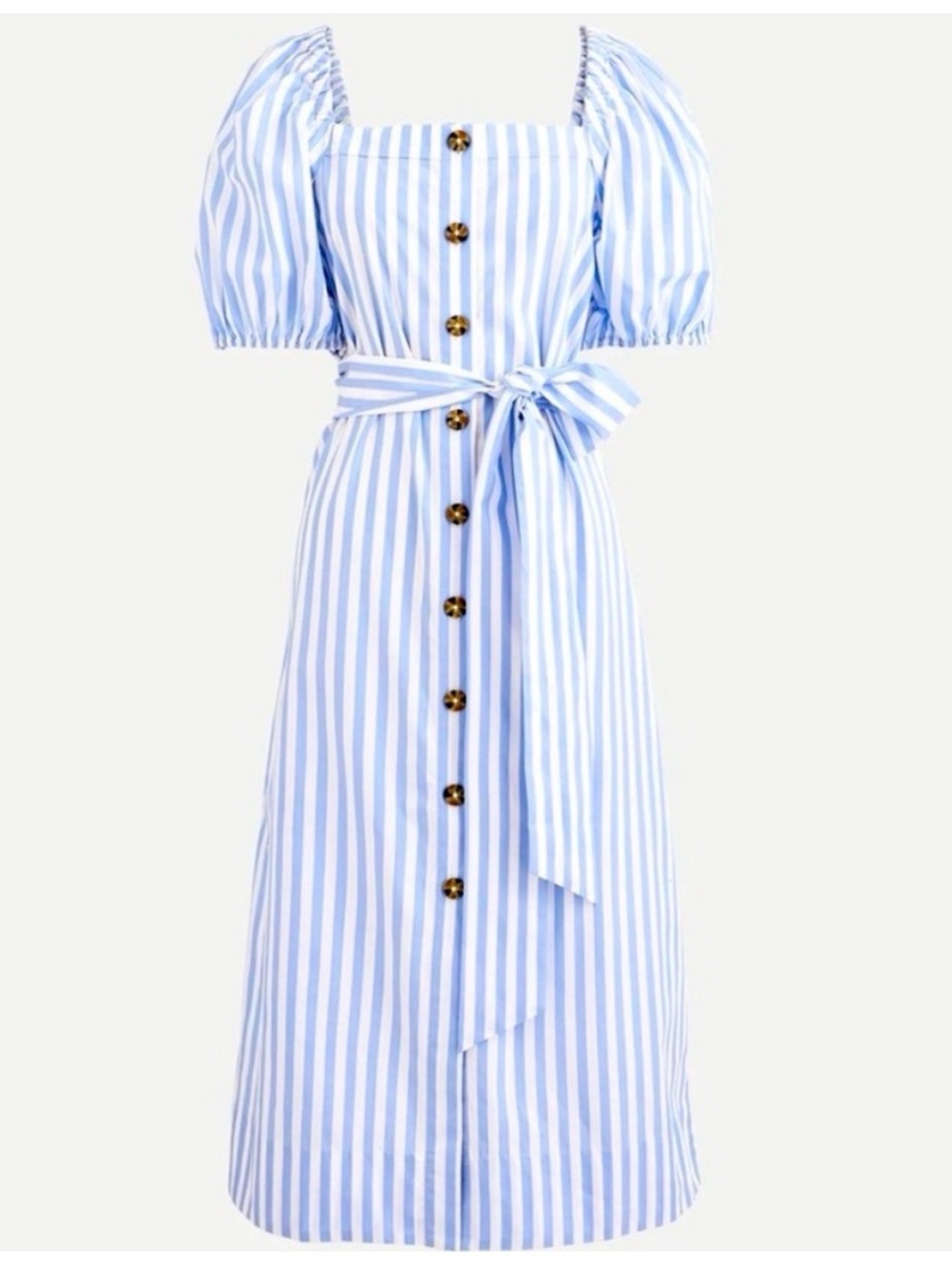 J. Crew Blue and White Striped Puff-Sleeve Midi Dress with Tie Waist